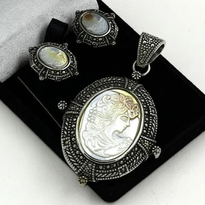 Stainless Steel 316 Abalone Cameo Marcasite Pendant & Earrings - Picture 1 of 6