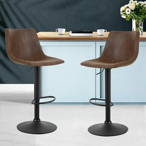 Set of 2 Kitchen Bar Stools Gas Lift Stool Chairs Swivel Vintage PU Leather Seat - Picture 1 of 7