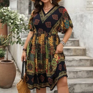 Plus Size Women's Casual National Style Bohemian High-Waisted Loose V-neck Dress - Picture 1 of 10