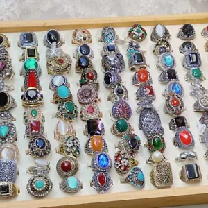 50pcs Lot Wholesale Vintage Crystal Stone Mix Style Metal Jewelry Ring Men Women - Picture 1 of 23