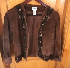 Brown Suede Beaded Jacket Sz 0 Chicos Wm Sz Small New - Picture 1 of 5