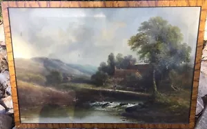 W. Stein Ölgemälde auf Leinwand Landschaft altes Bauernhaus Strom Europa 32x22" - Bild 1 von 4