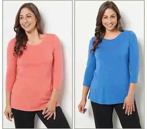 Cuddl Duds Cotton Core Set of 2 3/4 Sleeve Swing Tops-Coral/Cobalt-XS A464974 - Picture 1 of 1
