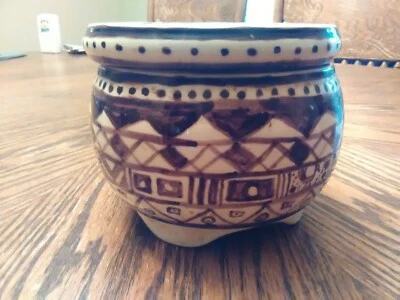 Cuenco de cerámica vintage y tapa diseños geométricos, marrón y blanco, firmado Talatha Foto 1 de 4