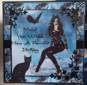 HANDMADE PERSONALISED GOTHIC PAGAN BIRTHDAY CARD WITH CAT WOMEN DESIGN - Picture 1 of 3
