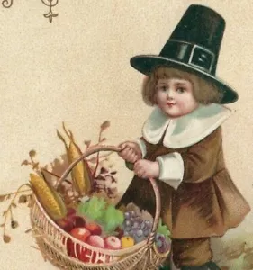 ELLEN CLAPSADDLE THANKSGIVING PILGIM CHILD EMBOSSED INT ART PUB POSTCARD A7 - Picture 1 of 3