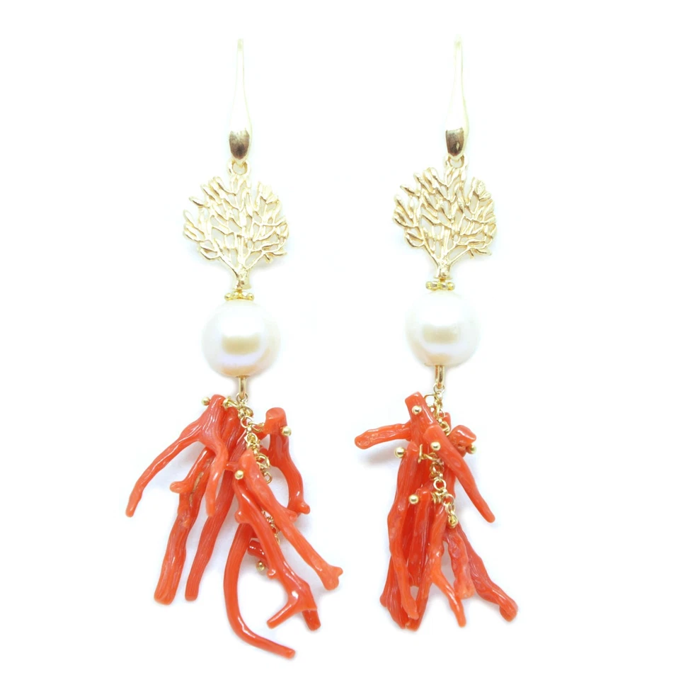 ORECCHINI DI CORALLO CON PERLE E ARGENTO BAGNATO IN ORO GIALLO TORRE DEL GRECO  - Immagine 1 di 1