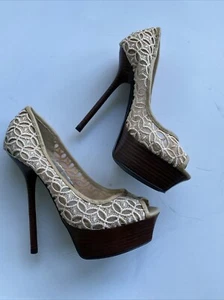 Y2k Bebe Stiletto Heels Beige Lace Embroidery Size 8 - Picture 1 of 3
