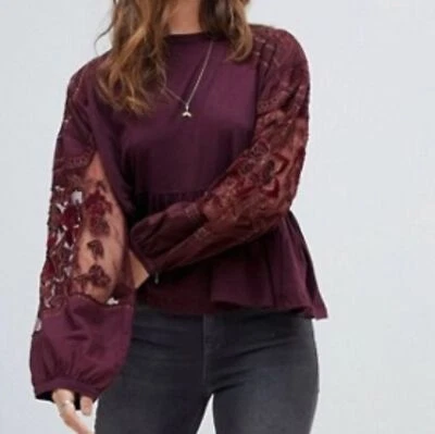 Camiseta Free People Borgoña Bordada Penny Malla Manga Globo Algodón Top Mediano Foto 1 de 4