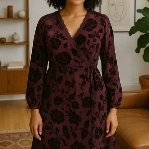 Vestido envolvente floral de terciopelo morado manga larga talla M de Francesca’s - Imagen 1 de 8