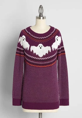 Modcloth Halloween Ghosts Give 'Em Pumpkin To Talk About Fair Isle Sweater 1X - Image 1 of 4