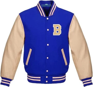 Royal Blue Body and Cream Sleeves Pro Varsity Jacket Letterman Baseball Bomber - Picture 1 of 5