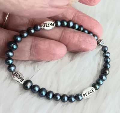Pre-Holiday Sale Black Cultured Pearl  Faith Hope Peace 6.5" Bracelet - Image 1 of 2