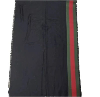 GUCCI Negro Seda Algodón Webby Ribete Jerez Línea Chal Envolvente Bufanda Auténtica Estola Foto 1 de 4