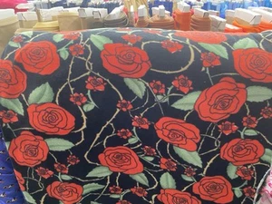 Red rose flower green leaves  fleece fabric on black, 60" wide, sold by the yard - Picture 1 of 12