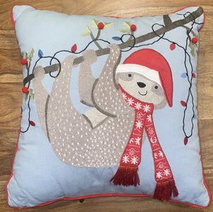 Pier 1 Embroidered Sloth Christmas Lights COMPLETE 18” Throw Pillow NOT TESTED - Picture 1 of 7