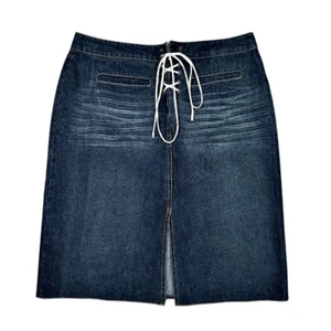 ECI New York Lace-up Denim Skirt Size 8 Whiskered Knee Length Y2K BOHO Western - Picture 1 of 7
