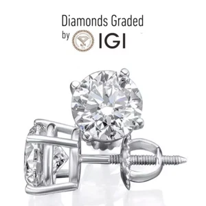 IGI CERTIFIED 2 Ct Real Lab Grown Diamond Studs Earrings 14k White Gold D VVS2 - Picture 1 of 10