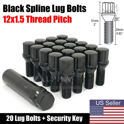 20 Black Spline Lug Bolts 12x1.5 For 1997-2001 Cadillac Catera + Security Key - Imagem 1 de 4