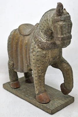 Antico IN Legno Ottone Cavallo Statua Statuina Originale Vecchio Ottima - Immagine 1 di 4