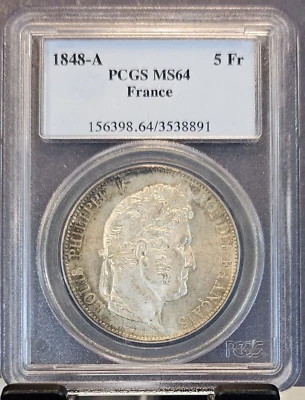 1848 FRANCE SILVER 5 FRANCS LOUIS PHILLIPPE I PCGS MS 64 BEAUTIFUL BU COIN - Image 1 of 3