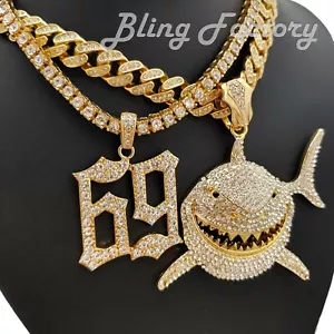 6ix9ine Iced Shark & 69 Pendant & 18" Iced Cuban & 1 Row Chain Bling Necklace - Picture 1 of 15