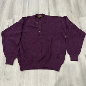 Vintage EDDIE BAUER Heavy Knit Henley Sweater Mens LARGE Maroon Buttons 90s - Picture 1 of 4