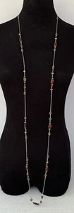 Very Long Bead Necklace Earth Tones Glass & Ceramic Stationed Beads Double Quad. - Picture 1 of 9
