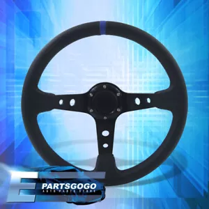 350mm 14" PVC Leather Blue Stitch 3" Racing Deep Dish Aluminum Steering Wheel - Picture 1 of 4