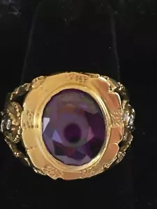 Solid 14K Two Tone Gold Oval Purple CZ Unisex Nugget Style Religious Ring 8.6gr. - Picture 1 of 12