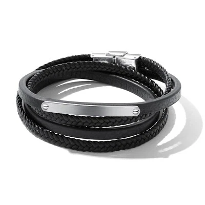 Pulsera envolvente de cuero negro trenzado de acero inoxidable de 7" - Grabado gratuito Foto 1 de 4