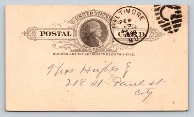 1886 UX9 Postal Card DUPLEX Cancel LAFAYETTE LODGE K of H Payment Due BALTIMORE - Image 1 of 4