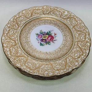 Royal Swansea Floral Center Gold Filigree Dinner Plates - England - Set of 4 - Picture 1 of 5
