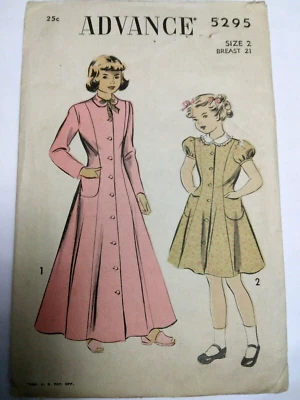 Long Housecoat Dress Girls 2 2T Advance 5295 Sewing Pattern VTG 40s Cut Button - Image 1 of 4