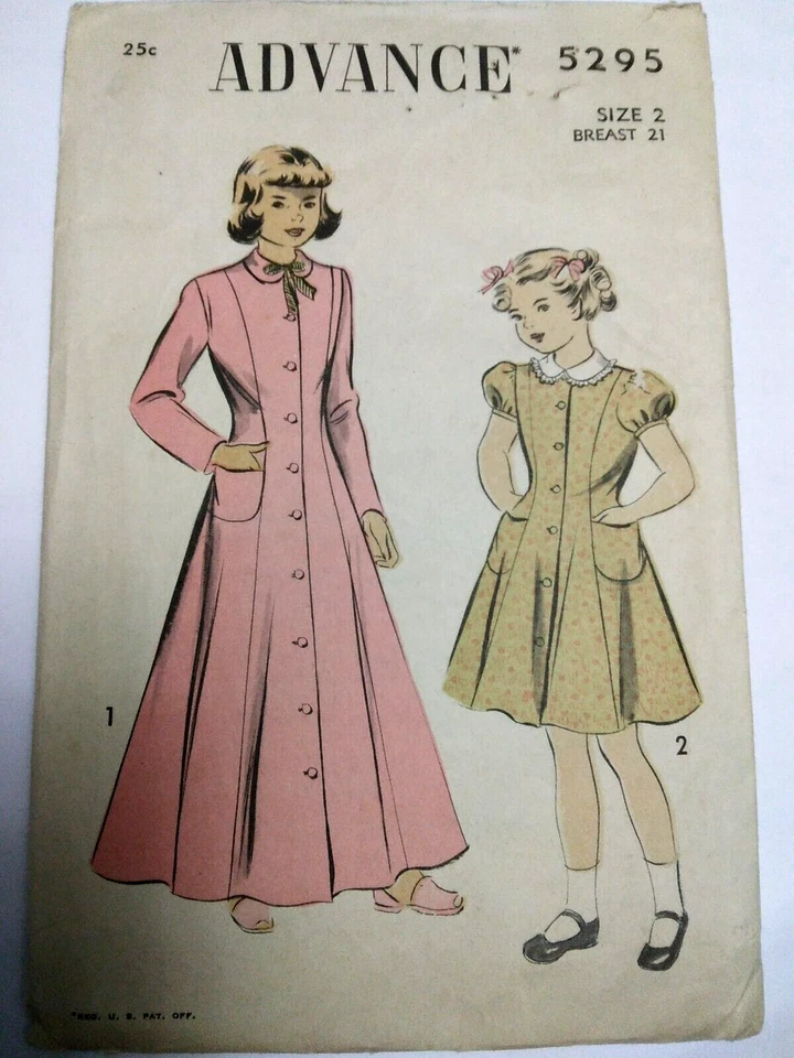Long Housecoat Dress Girls 2 2T Advance 5295 Sewing Pattern VTG 40s Cut Button - Image 1 of 4