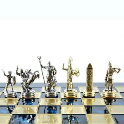 Manopoulos Greek Mythology Chess Set - Brass Nickel Pawns - Blue chess Board - Image 1 of 4