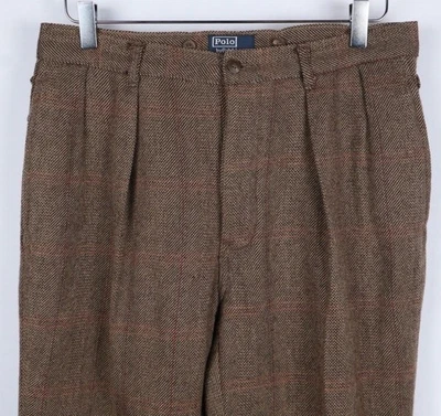 VTG 80s Polo Ralph Lauren Wool Pleated Trousers Pants Plaid W:31 I:31 Adjustable - Image 1 of 4