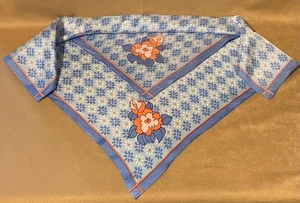 Bufanda Vintage Años 60 Azul Blanco Naranja Flores Acetato - Imagen 1 de 2