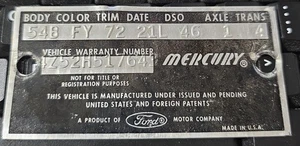 1964 Mercury Monterey 2dr Data Plate - Bild 1 von 2