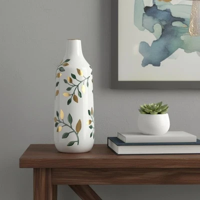 Jarrón de mesa de cerámica de 12" blanco verde y dorado con brote floral Foto 1 de 4
