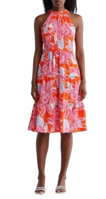 Eliza J 女式红色粉红色罂粟花口袋吊带分层迷笛连衣裙 12 码全新 — 第 1/4 张图片