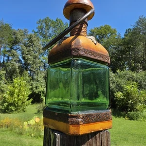 Vintage Leather Wrapped Green Glass Square Bottle Carafe Decanter Made Italy - Picture 1 of 17