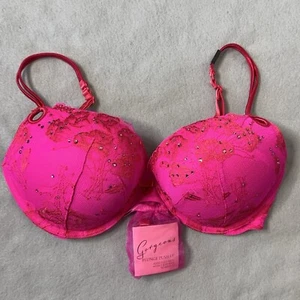 Victorias Secret Sexy Little Things Bra 34D Hot Pink Lace Bling Plunge Push Up - Picture 1 of 14