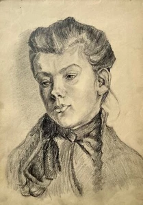Dibujo a lápiz original vintage retrato de mujer realismo 1905 anónimo - Imagen 1 de 3