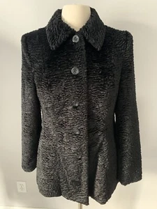 Style & Co Small Faux Black Persian Lamb Fur Coat Jacket Button Front Collared - Picture 1 of 14