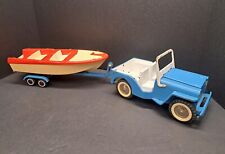 Vintage Tonka Blue Pressed Steel Jeep Jeepster And Trailer w/ Red Plastic Boat