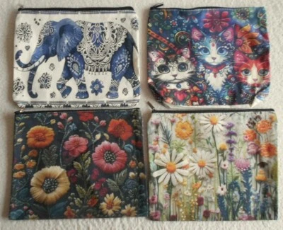 Make-up bag/Pencil case, 21cm x 18cm, Wipe clean, Flowers, Cats, Elephants. - Image 1 of 2