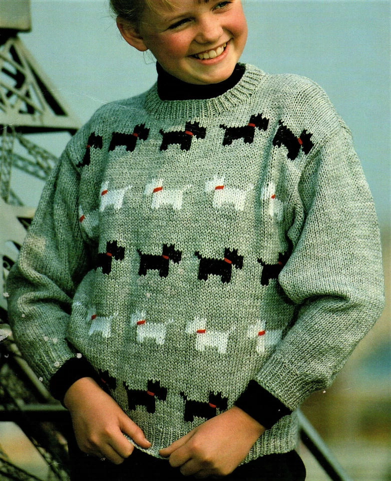 Childs Sweater with Scottie Dog Motif St St DK LAMINATED Knitting Pattern 22-28 - Image 1 of 1