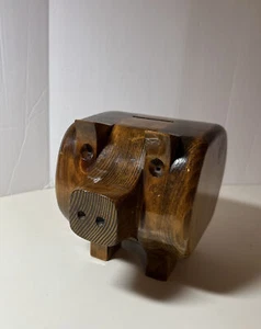 Vintage Cute WOOD PIG SHAPED PIGGY BANK 5” Tall 5” Wide & 6.5” Long - Picture 1 of 11