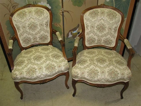 Pair 1940's Walnut Louis XV Style Open Arm "Fauteuil" Chairs Cover